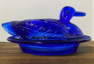 Vintage Cobalt Blue Duck On A Nest Glass Dish -
