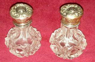 2 Antique Signed Hawkes Cut Sawtooth Crystal Sterling Silver Salt Pepper Shakers