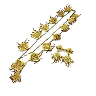 Antique Gilt Metal Enamel Natural Coral Necklace And Brooch 157