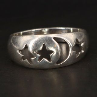 Vtg Sterling Silver - Crescent Moon Stars Cutout Tapered Ring Size 9.  75 - 3.  5g