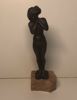 Antique Bronze Naked Woman Statue Figure Marble Stone Base