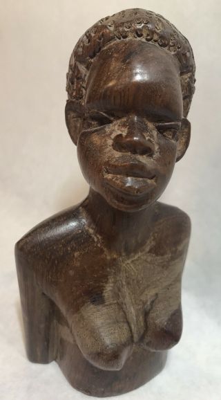 Vintage Hand Carved Wooden African Woman Bust Figure Wood Carving Statue Head