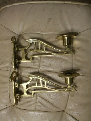 PAIR ANTIQUE ARTS AND CRAFTS BRASS CANDLE HOLDERS/ PIANO SCONCES WALL FIXING 2