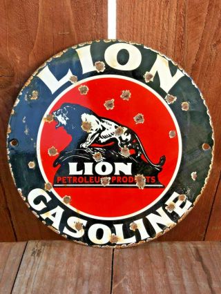 Vintage Lion Gasoline 8 " Porcelain Enamel Sign Gas Oil Pump Station Petroleum