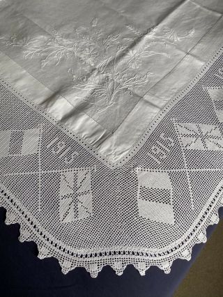 Wwi 1915 Vintage White Irish Linen Tablecloth Crocheted Edging Embroidery