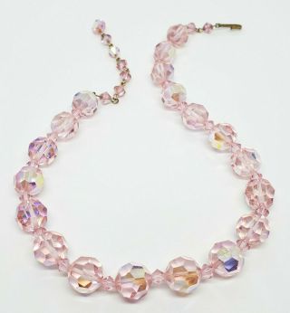 Lovely Vintage Rose Pink Aurora Borealis Glass Gem Bead 16 " Strand Necklace