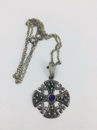 Vintage Sterling Silver Maltese Cross Amethyst Pendant Necklace Chain