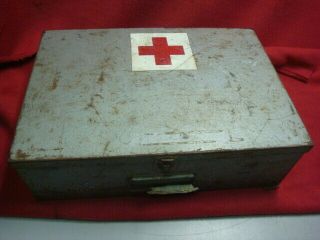 Vintage First Aid Kit Metal Carrying Case With Alot Of Military Supplies