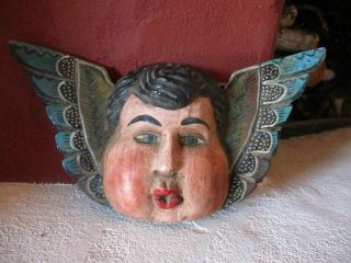 Vintage Primitive Mexican Folk Art Carved Wood Angel Cherub 17.  5 " Wingspan