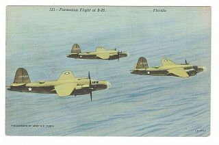 Postcard Linen Fl Formation Flight Of B - 26 Army Air Corps Posted
