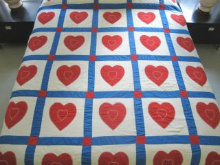 Vintage Cotton Fabrics Red White Blue Hearts Applique Quilt; 89 " X 74 " ; Good