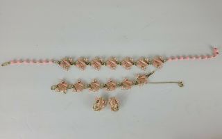 Vintage Coro Pink Enamel Berry Leaf Necklace Earrings Bracelet