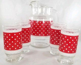 Vintage Anchor Hocking Red With White Lace And Dots Pitcher And 4 Drinkware