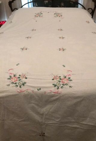 Vintage Cotton Tablecloth Embroidery Flowers White Big Antique Dining