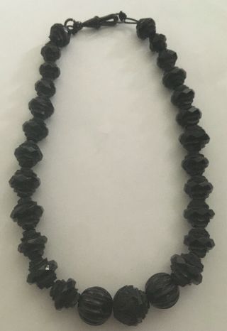 Antique Victorian Whitby Jet Carved Bead Necklace