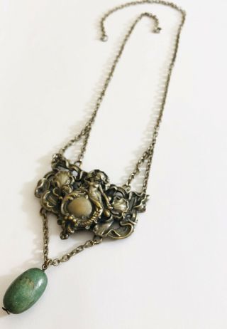 Antique Art Nouveau Silver Plated Necklace,  Turquoise Drop,  Heavy