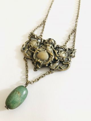 Antique Art Nouveau Silver Plated Necklace,  Turquoise Drop,  Heavy 2