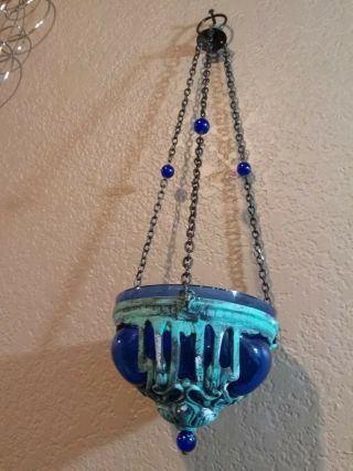 Vintage Cobalt Blue Glass And Metal Hanging Sculpture,  Candle Holder
