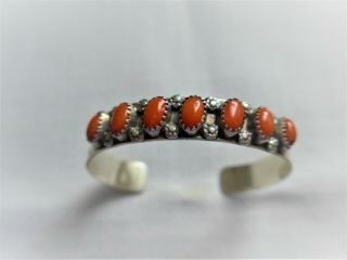 Vintage H M Coonsis Native American Sterling Coral Cuff Bracelet