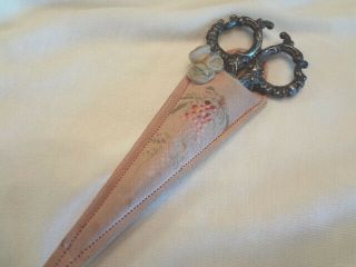 Early Vintage Ornate Silver Embroidery Scissors In Silk Holder