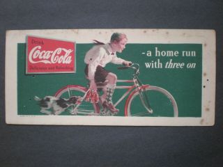 1935 Coca Cola Ink Blotter - " A Home Run With Three On " - Bicycle Boy - Vintage