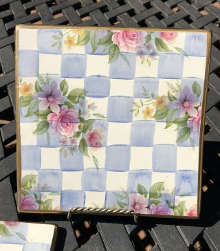 Vtg Mackenzie - Childs 2 Blue Morning Glory Honeymoon Flower Tiles Trivets 1983