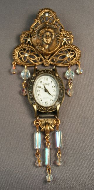 Vtg Ornate Brass & Crystal Art Nouveau Cameo Pin/brooch Legacy Watch 4.  5” Long