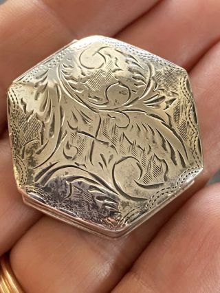 Vintage Solid Sterling Silver Engraved Pill / Trinket Box Hm In Ex Con 3.  5cm Dis