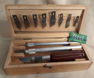 Vintage X - Acto Exacto Knife Set With Exacto Man Wooden Box
