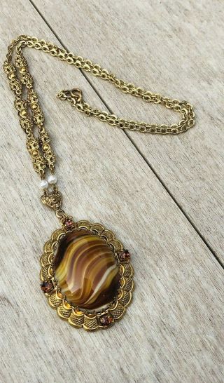 Vtg 1950/1960 W Germany Brown Swirled Glass Oval Pendant Filigree 26 " Necklace