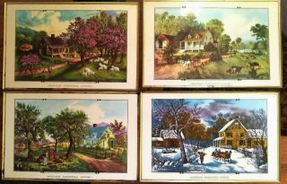 Vintage Tv Tray Tables,  Set Of 4,  Folding,  Metal,  Currier & Ives Four Seasons