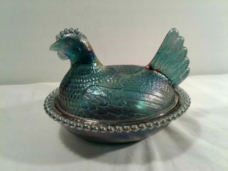 Vtg Indiana Carnival Glass Blue Iridescent Hen On Nest Covered Chicken Dish