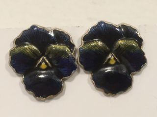 925 Vintage Sterling Silver Earrings.  Stud.  Blue Enamel Flowers.
