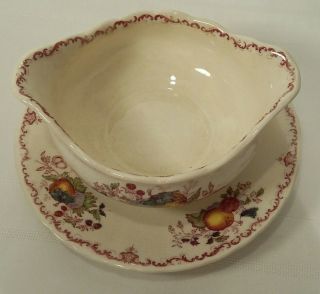 Antique Gravy Boat Attached Underplate Mason ' s FRUIT BASKET Red Ironstone China 2