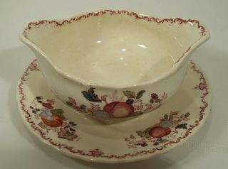 Antique Gravy Boat Attached Underplate Mason ' s FRUIT BASKET Red Ironstone China 3