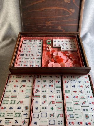 Vintage Mah Jong Mahjong Majong Set In Wood Case Thick White/green Tiles