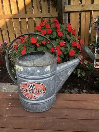 Vintage Wheeling Galvanized 10 Qt Watering Can W/ Label Heavy 2.  5 Gal