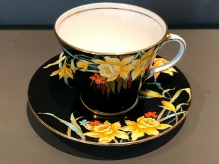 Vintage Aynsley Daffodils On Black Art Deco Bone China Tea Cup & Saucer