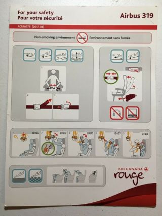 Air Canada Rouge Airbus 319 Safety Card Instruction Information Airplane Seat,