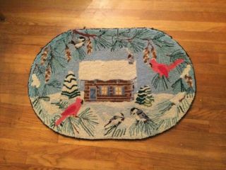 Vintage Claire Murray Wool Hooked Rug,  Oval 34 X 24 Winter Scene