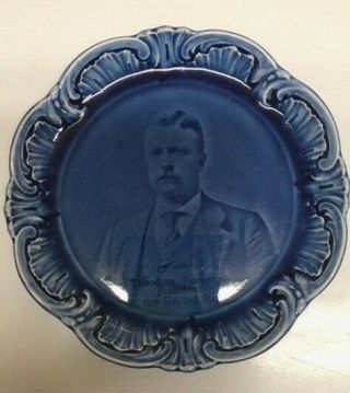 Antique President Theodore " Teddy " Roosevelt,  Jr.  Blue Porcelain Portrait Plate