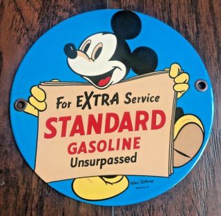 Vintage Mickey Standard Gasoline 6 " Porcelain Enamel Sign Gas Oil Pump Station