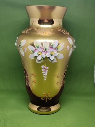 Vintage Czech Bohemian Cranberry Gold & Enamel Glass Vase