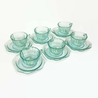 Federal Glass Madrid Green Depression Glass Set 6 Cup & Saucers Vintage