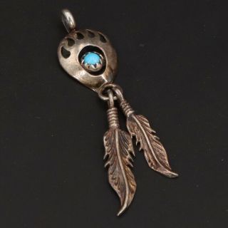 Vtg Sterling Silver - Navajo Turquoise Bear Paw Feather Dangle Pendant - 1.  5g