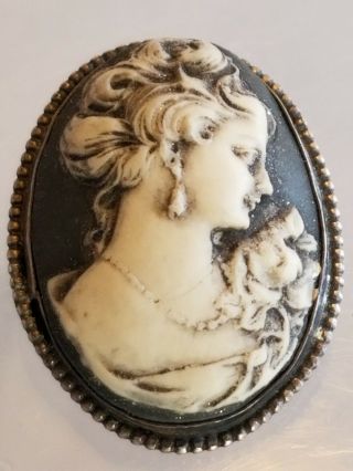 Vintage Sterling Cameo Black & White Pin Brooch Antique Jewelry