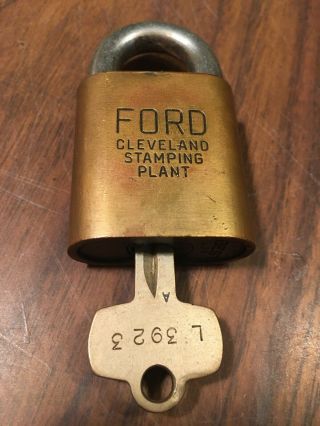 Vintage 1950s - 60s Ford Brass Padlock W/orig Key Embossed “cleveland Stamping Pla