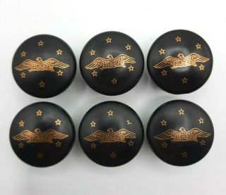 Vtg Set 6 Black Gold Eagle Stars Ceramic Knobs Cabinet Drawer Pulls