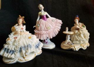3 Vintage Dresden Lace Figurines 2 Seated Ladies 1 Ballerina