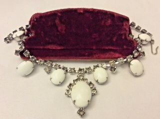 Vintage White Milk Glass Cabochon And Clear Rhinestone Necklace Hook Closure